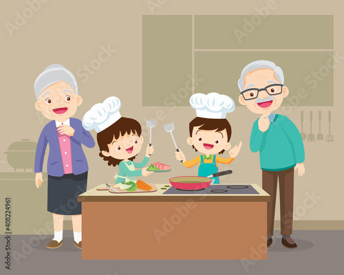 lovely grandparent with grandchild boy and girl cooking in kitchen