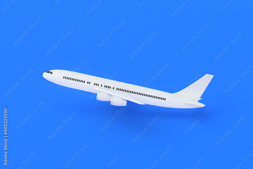 Modern passenger airplane on blue background. Charter flights. Air transportation. International airlines. Tourist travel on vacation. 3d rendering