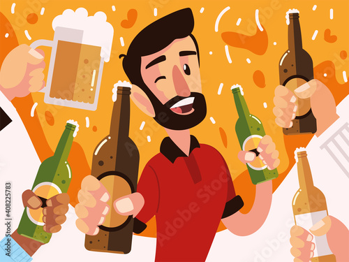 happy man with beer bottle and hands with differents drinks, cheers