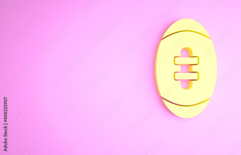 Yellow American Football ball icon isolated on pink background. Rugby ball icon. Team sport game symbol. Minimalism concept. 3d illustration 3D render. Yellow American Football ball icon isolated on pink background. Rugby ball icon. Team sport game symbol. Minimalism concept. 3d illustration 3D render.