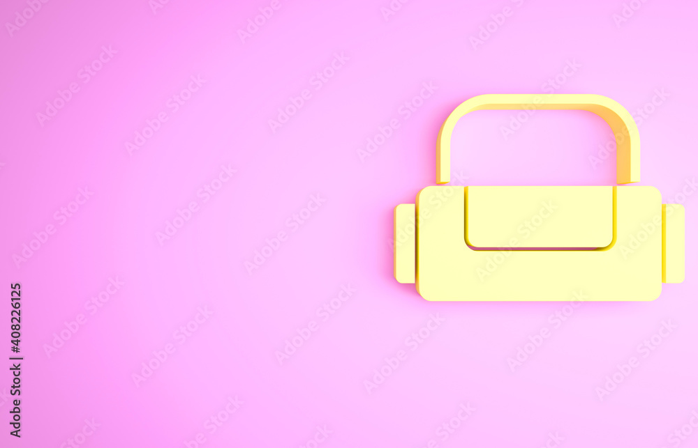 Yellow Sport bag icon isolated on pink background. Minimalism concept. 3d illustration 3D render. Yellow Sport bag icon isolated on pink background. Minimalism concept. 3d illustration 3D render.