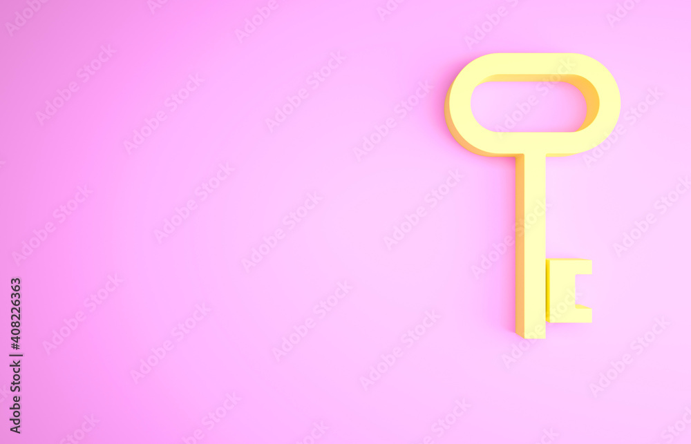 Yellow House key icon isolated on pink background. Minimalism concept. 3d illustration 3D render. Yellow House key icon isolated on pink background. Minimalism concept. 3d illustration 3D render.
