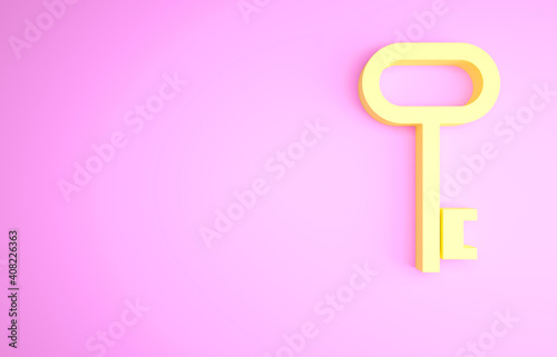 Yellow House key icon isolated on pink background. Minimalism concept. 3d illustration 3D render.