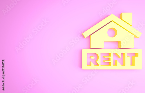 Yellow Hanging sign with text Rent icon isolated on pink background. Signboard with text For Rent. Minimalism concept. 3d illustration 3D render.