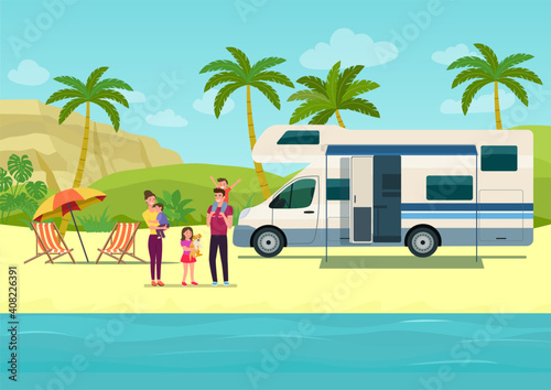 Campervan mobile home with open door and awning together with a vacationing family. Vector flat style illustration.
