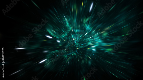 Abstract blue and green fireworks. Holiday background with fantastic light effect. Digital fractal art. 3d rendering.