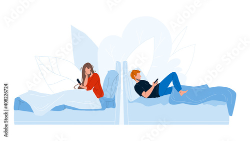 People Lying In Bed And Use Mobile Phone Vector