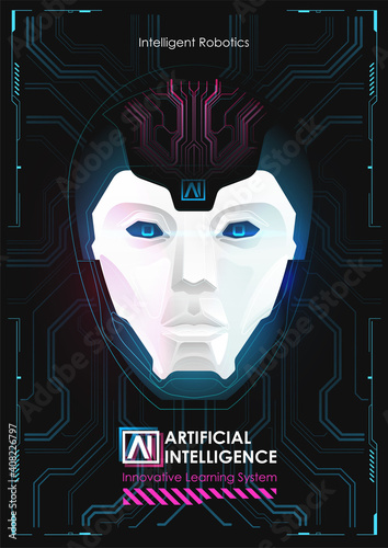 Robot with artificial intelligence working with virtual interface. Big data. AI concept. Robot face. Cyber mind. Technology background concept.