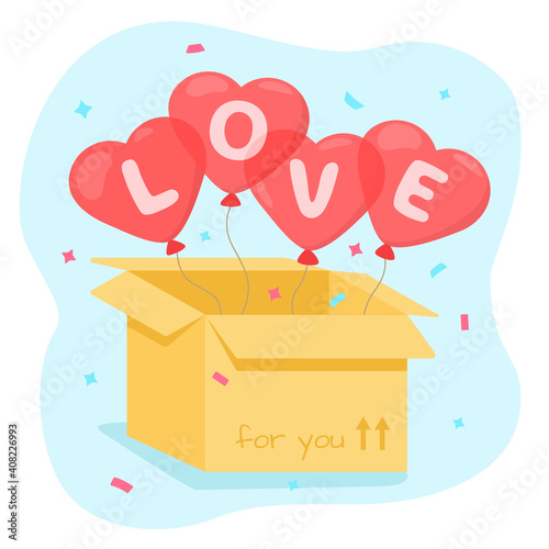 Balloons with the inscription love fly out of the box. Surprise on Valentine's day. Vector illustration