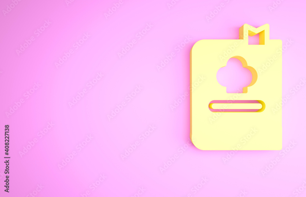 Yellow Cookbook icon isolated on pink background. Cooking book icon. Recipe book. Fork and knife icons. Cutlery symbol. Minimalism concept. 3d illustration 3D render. Yellow Cookbook icon isolated on pink background. Cooking book icon. Recipe book. Fork and knife icons. Cutlery symbol. Minimalism concept. 3d illustration 3D render.