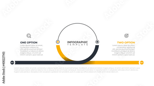Business infographics template for presentation. Timeline with 2 steps options, circle. Vector illustration.
