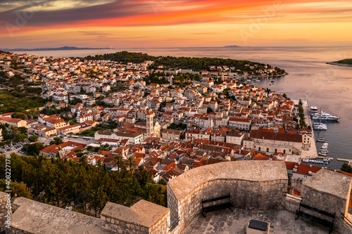 View of Hvar at sunset from the fortress. Hvar island, Croatia.