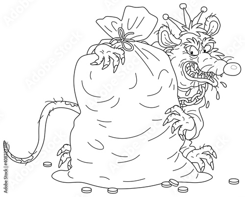 Spiteful and greedy of gain old rat king with a shabby tail, grinning and hugging a big bag of coins, black and white outline vector cartoon illustration for a coloring book page