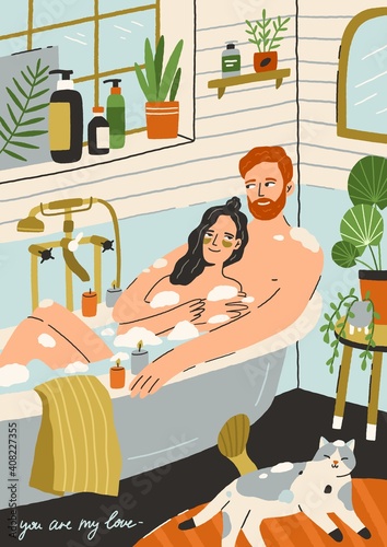 Couple in love taking bath together. Happy young man and woman in romantic relationships relaxing in bathroom. Lovers in bathtub. Hand-drawn vertical postcard. Colorful flat vector illustration
