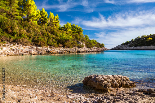 Picturesque bay with clean and clear water at Hvar island, Croatia.