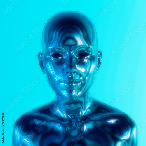 Robot or Artificial Human made of iridescent plastic material in neon lights. 3d rendering illustration in sci-fi futuristic style.