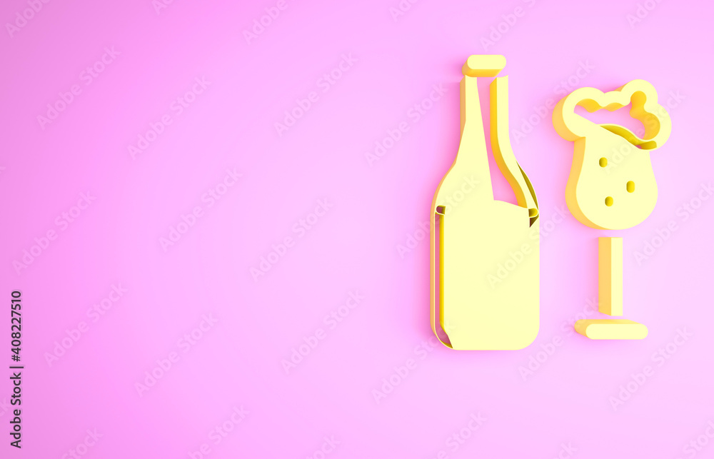 Yellow Beer bottle and glass icon isolated on pink background. Alcohol Drink symbol. Minimalism concept. 3d illustration 3D render. Yellow Beer bottle and glass icon isolated on pink background. Alcohol Drink symbol. Minimalism concept. 3d illustration 3D render.