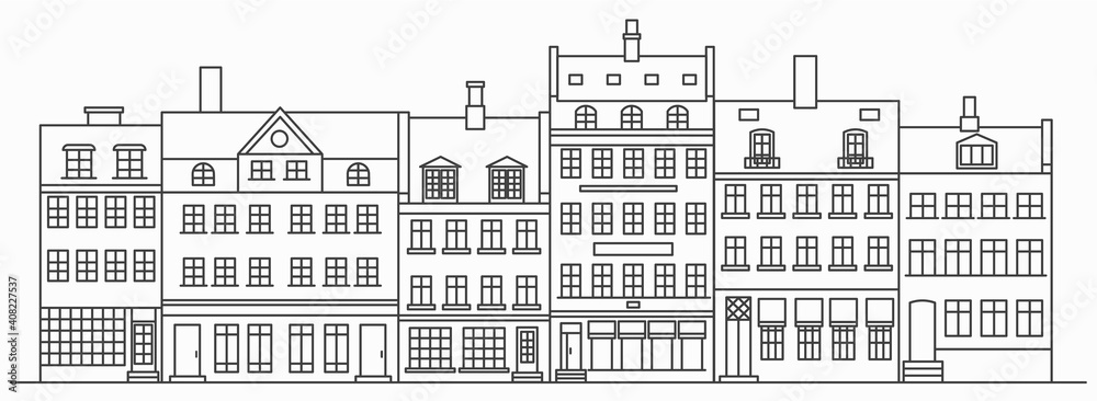 Amsterdam buildings skyline. Linear cityscape with various row houses. Outline illustration with old Dutch buildings.
