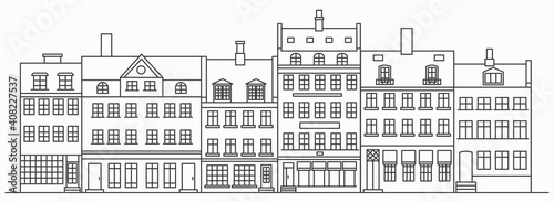 Amsterdam buildings skyline. Linear cityscape with various row houses. Outline illustration with old Dutch buildings.