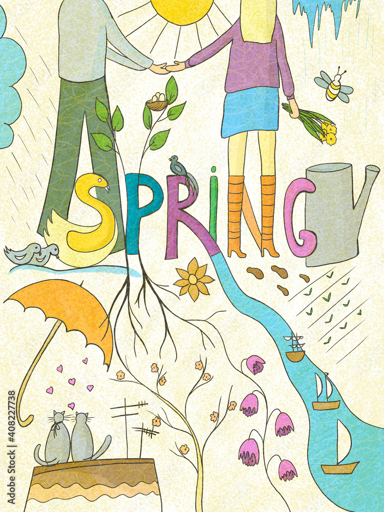 
Spring background which depicts different elements, people, nature