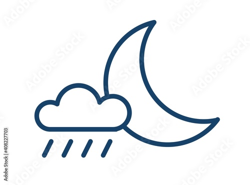 Simple icon of rainy weather at night time. Half moon and rain cloud with dro...