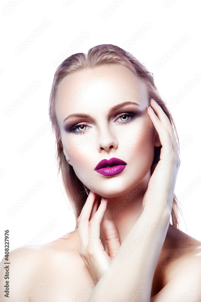 portrait of fashion model woman with beautiful hair style healthy, bright evening trendy makeup, hands touching clean skin face portrait of fashion model woman with beautiful hair style healthy, bright evening trendy makeup, hands touching clean skin face