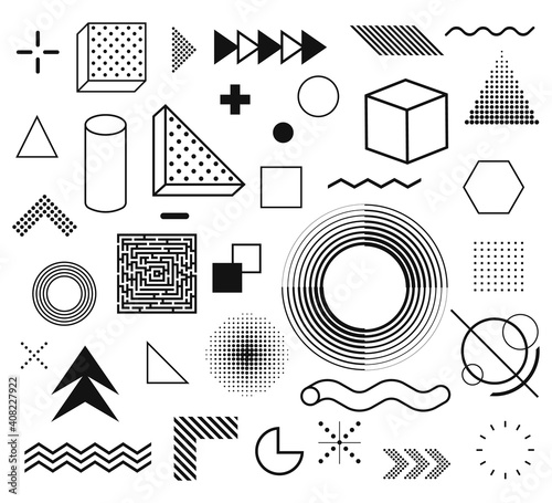 Memphis, set of abstract geometric shapes. Retro elements for web, vintage, advertisement, commercial banner, billboard, sale, poster, leaflet. Vector illustration.