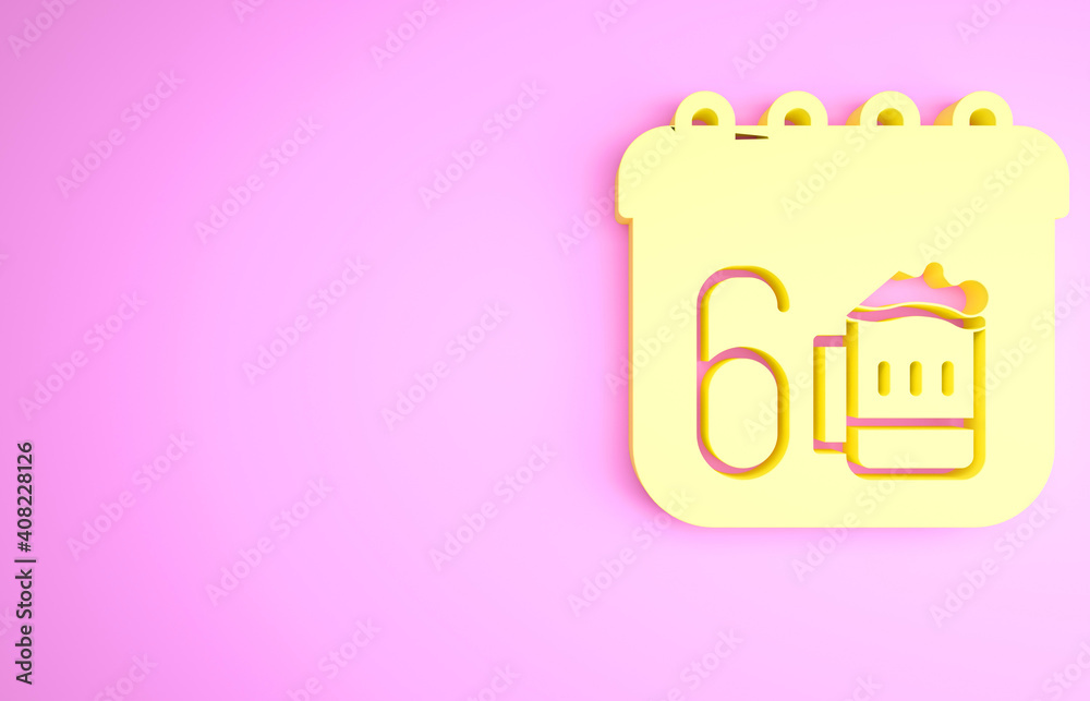 Yellow Saint Patricks day with calendar icon isolated on pink background. Four leaf clover symbol. Date 17 March. Minimalism concept. 3d illustration 3D render. Yellow Saint Patricks day with calendar icon isolated on pink background. Four leaf clover symbol. Date 17 March. Minimalism concept. 3d illustration 3D render.