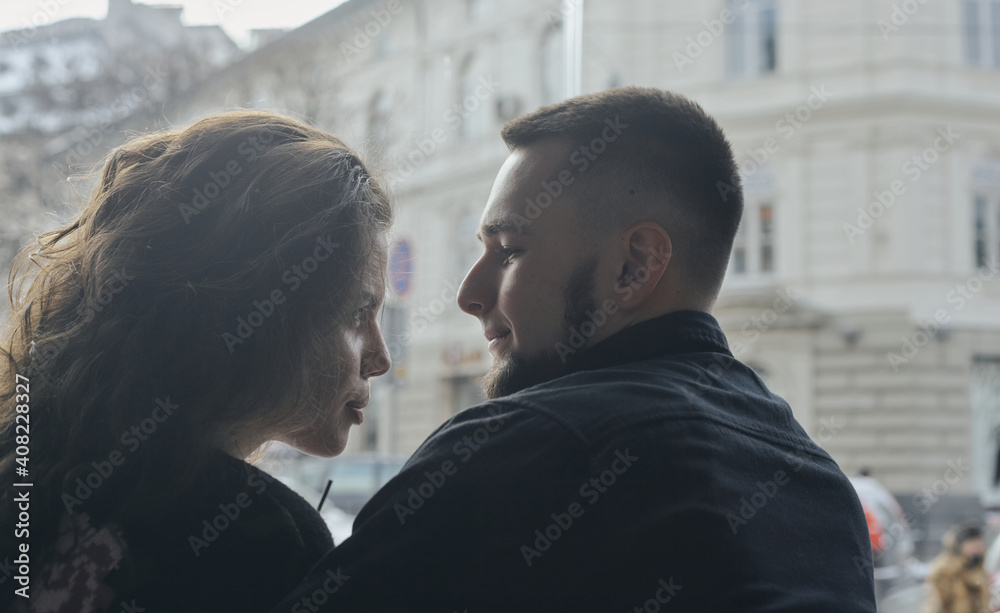 Sentimental happy couple in love bonding Sentimental happy couple in love bonding
