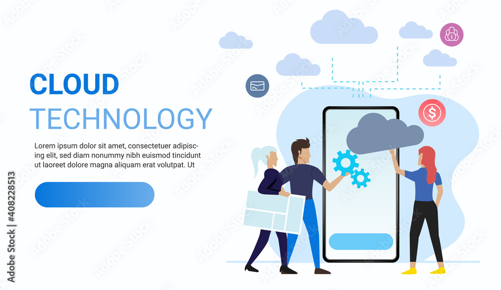 Cloud technology concept. People using giant mobile phone with small icons on cloud sky background