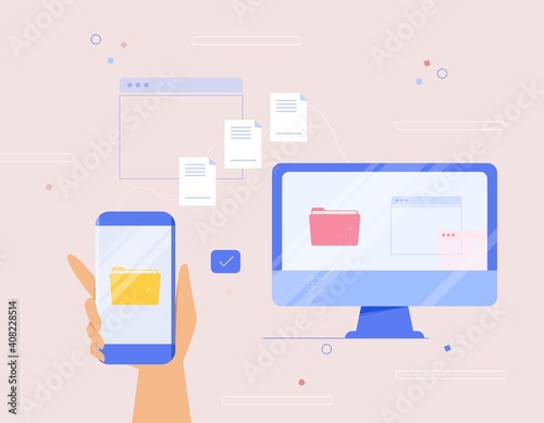 File and data transfer concept from mobile phone to computer, hand holding smartphone with folder icon. Vector illustration