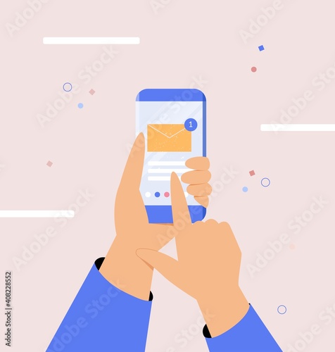 Hand holding smartphone with new message or e-mail notification on display. Vector illustration for infographic, apps design