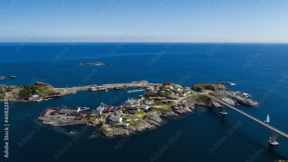 Aerial view on the Lofoten islands, Norway. Scenic road bridges connecting islands on Lofoten. Aerial landscape from the air.