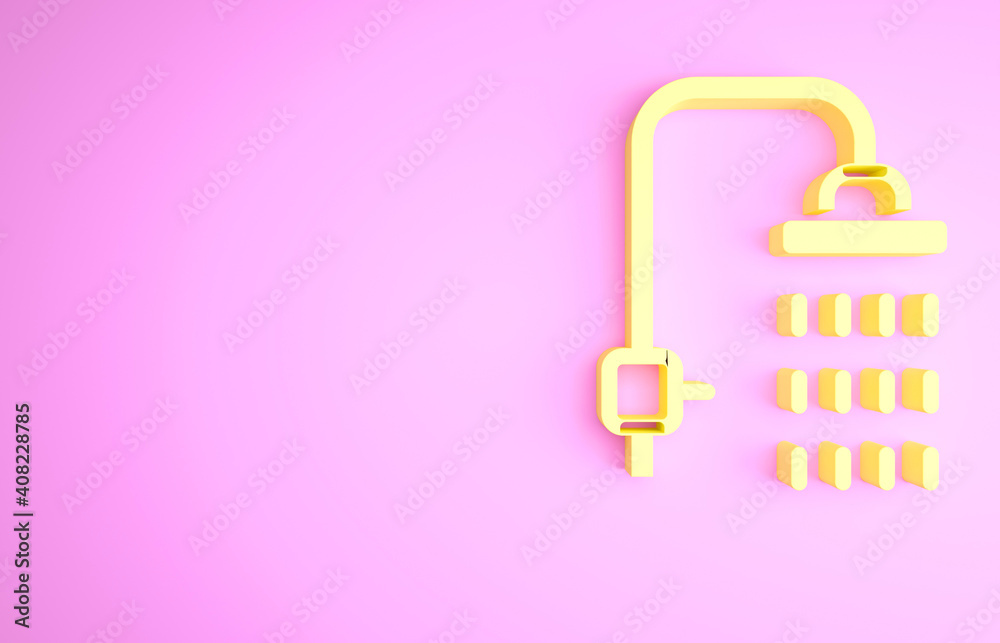 Yellow Shower head with water drops flowing icon isolated on pink background. Minimalism concept. 3d illustration 3D render. Yellow Shower head with water drops flowing icon isolated on pink background. Minimalism concept. 3d illustration 3D render.