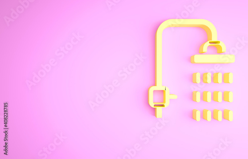 Yellow Shower head with water drops flowing icon isolated on pink background. Minimalism concept. 3d illustration 3D render.