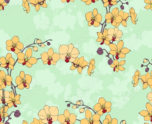 Seamless background with orchids. Yellow flowers on green vector pattern.