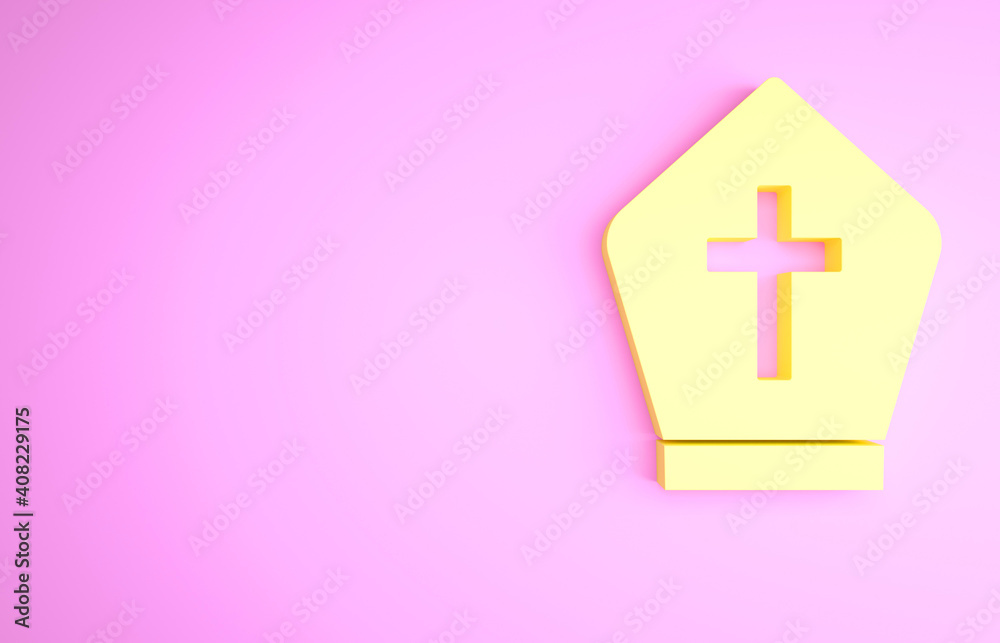 Obraz premium Yellow Pope hat icon isolated on pink background. Christian hat sign. Minimalism concept. 3d illustration 3D render.
