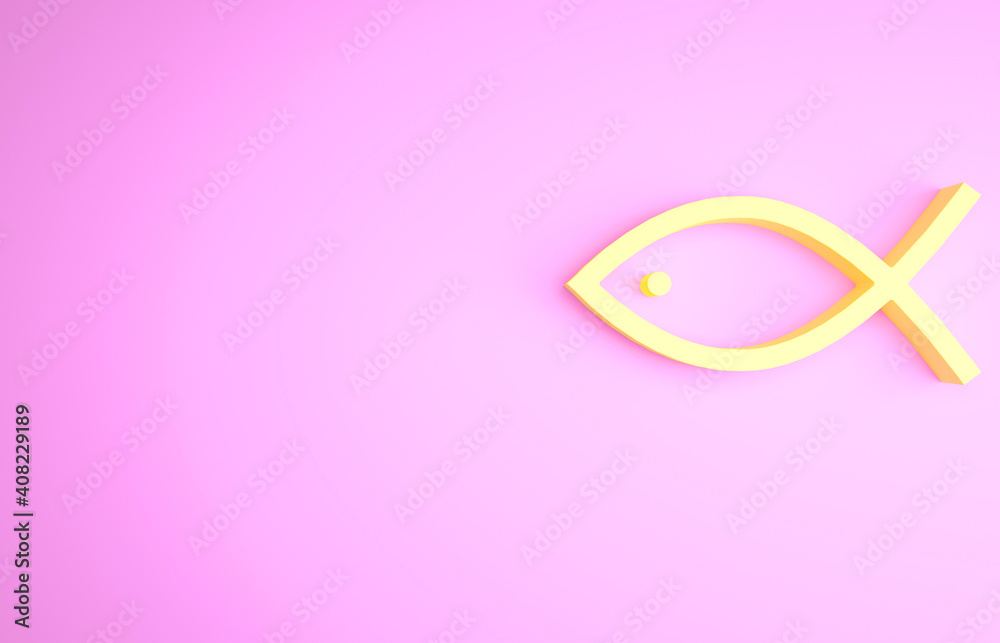 Yellow Christian fish symbol icon isolated on pink background. Jesus fish symbol. Minimalism concept. 3d illustration 3D render. Yellow Christian fish symbol icon isolated on pink background. Jesus fish symbol. Minimalism concept. 3d illustration 3D render.