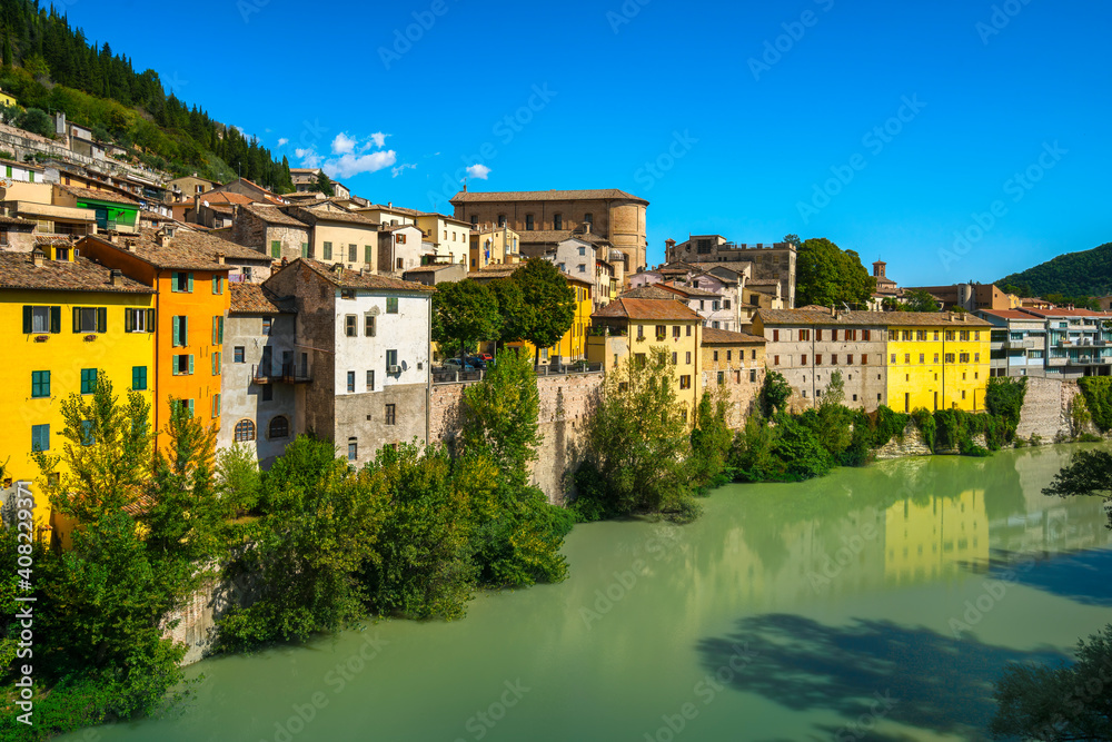 Fossombrone village and and river Metauro. Marche, Italy.