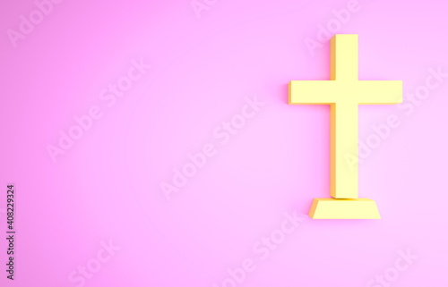 Yellow Christian cross icon isolated on pink background. Church cross. Minimalism concept. 3d illustration 3D render.