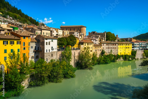 Fossombrone village and and river Metauro. Marche, Italy.