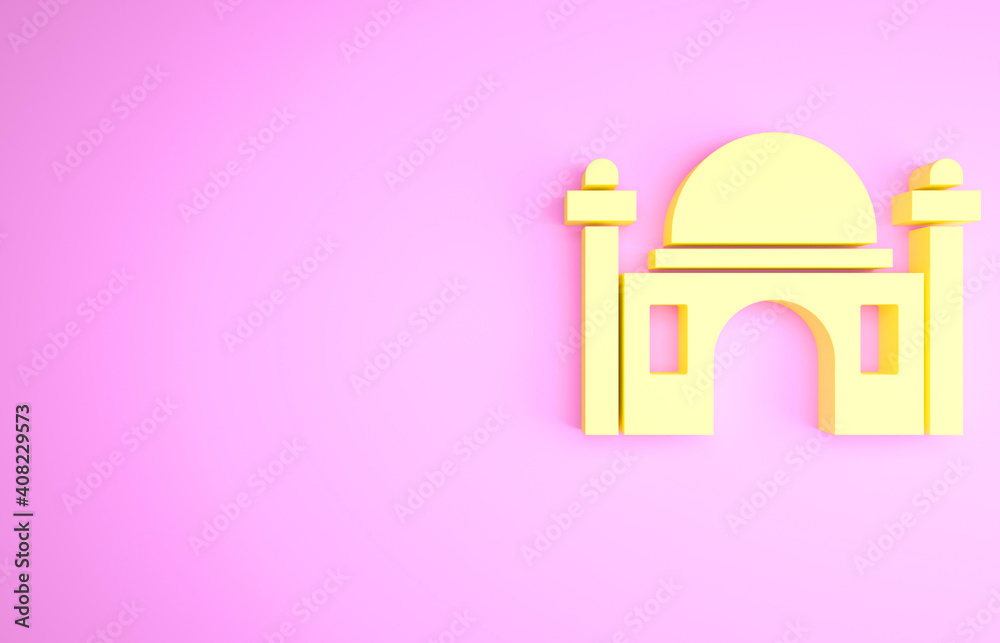 Yellow Muslim Mosque icon isolated on pink background. Minimalism concept. 3d illustration 3D render.