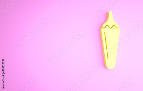 Yellow Hot chili pepper pod icon isolated on pink background. Design for grocery, culinary products, seasoning and spice package, cooking book. Minimalism concept. 3d illustration 3D render.