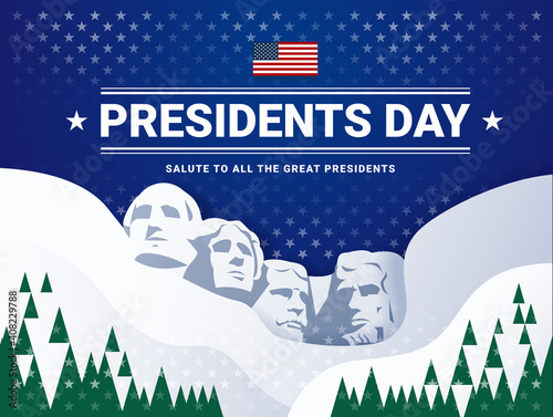 Presidents Day USA Rushmore illustration background and lettering - dark blue background vector - stars and stripes texture