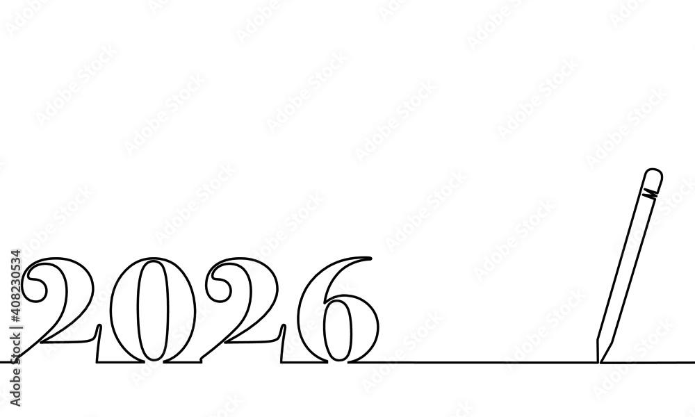 One line drawing style with a pen on the right and 2026 on the left, the year of the lord. Concept about writing, simply, yearly, celebrating, anniversary and etc. 