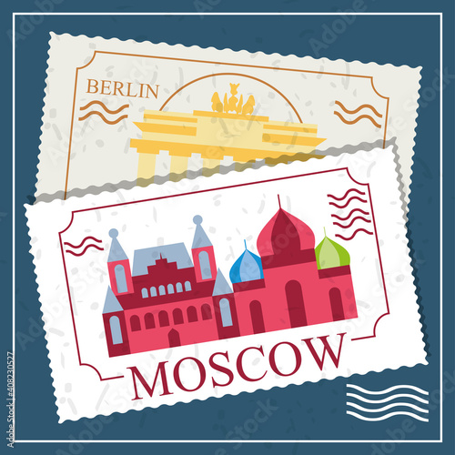 Photography moscow and berlin city stamps vector design