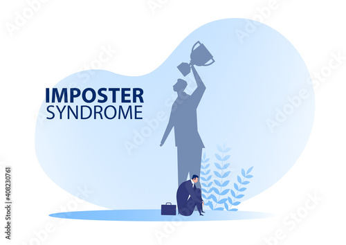 Imposter syndrome.man sitting  for her present profile Anxiety and lack of self confidence at work; the person fakes is someone else concept with getaward shadow .