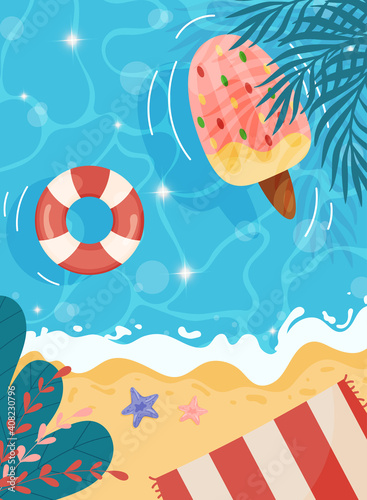 Cartoon summer beach background. with ice cream float, sea stars and palms. vector illustration