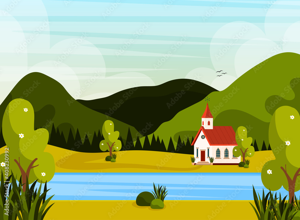 Beautiful mountains landcape and a scandinavian church. vector illustration poster.