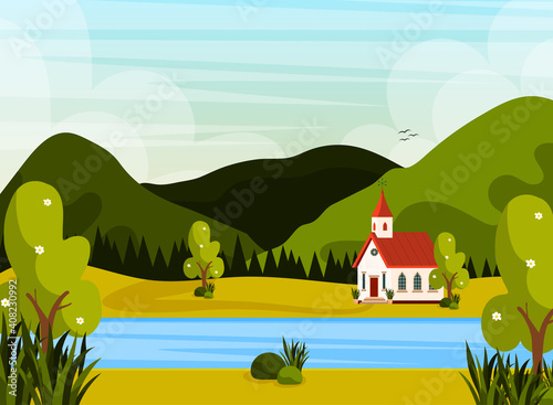 Beautiful mountains landcape and a scandinavian church. vector illustration poster.